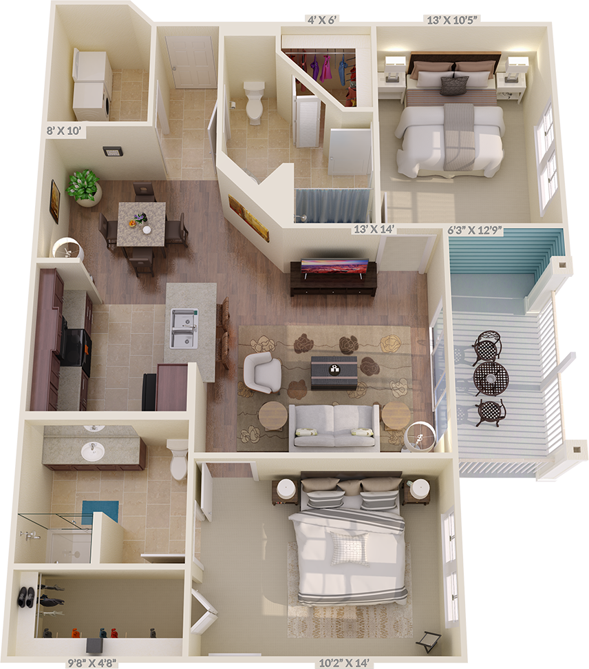 Floor plan for 2 beds, 2 baths, 1018 sqft